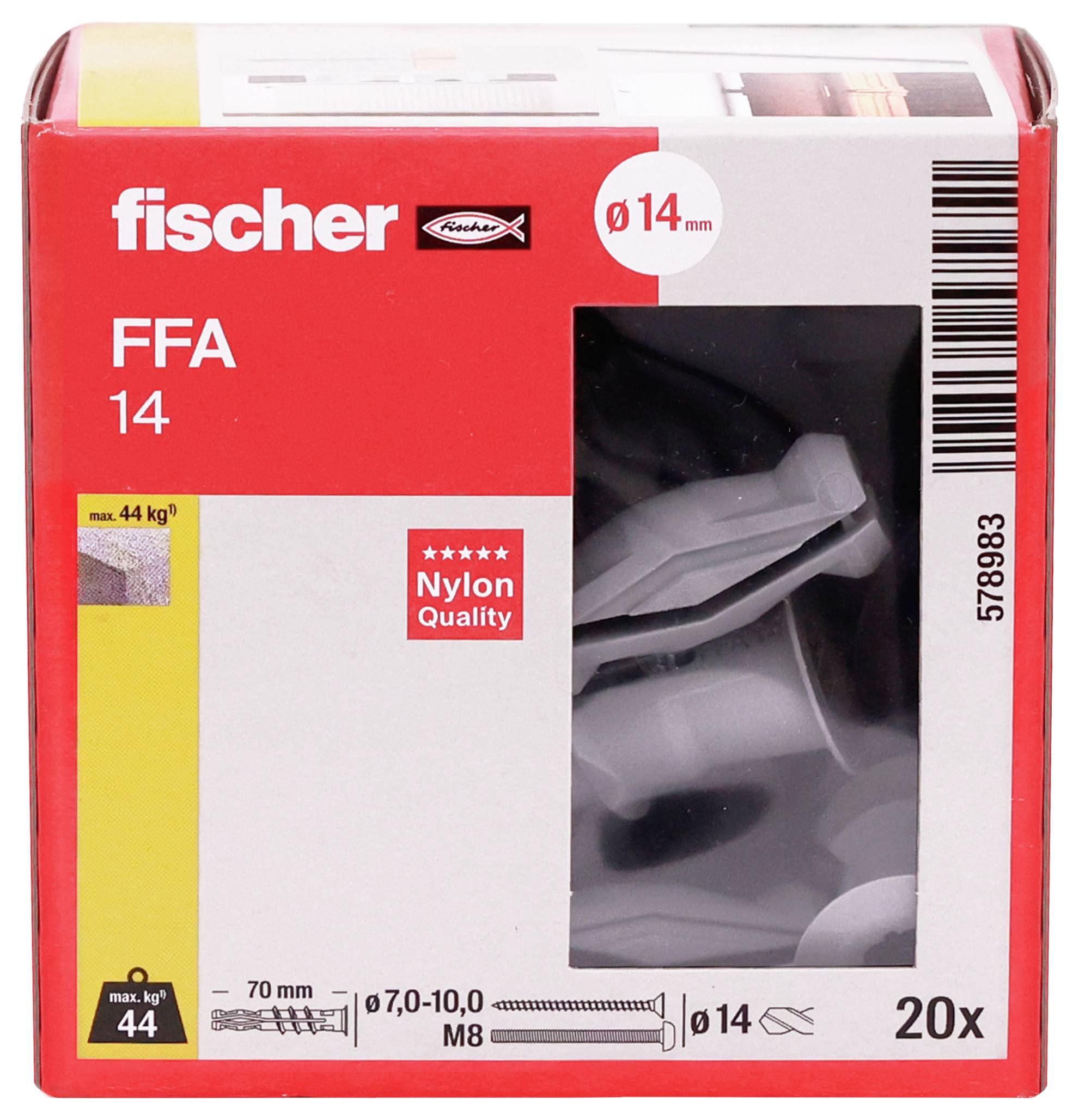 Packung Fischer FFA 14 Kunststoff-Dübel, Größe Ø14 mm, 20 Stück, mit Tragfähigkeit bis 44 kg und 70 mm Länge.