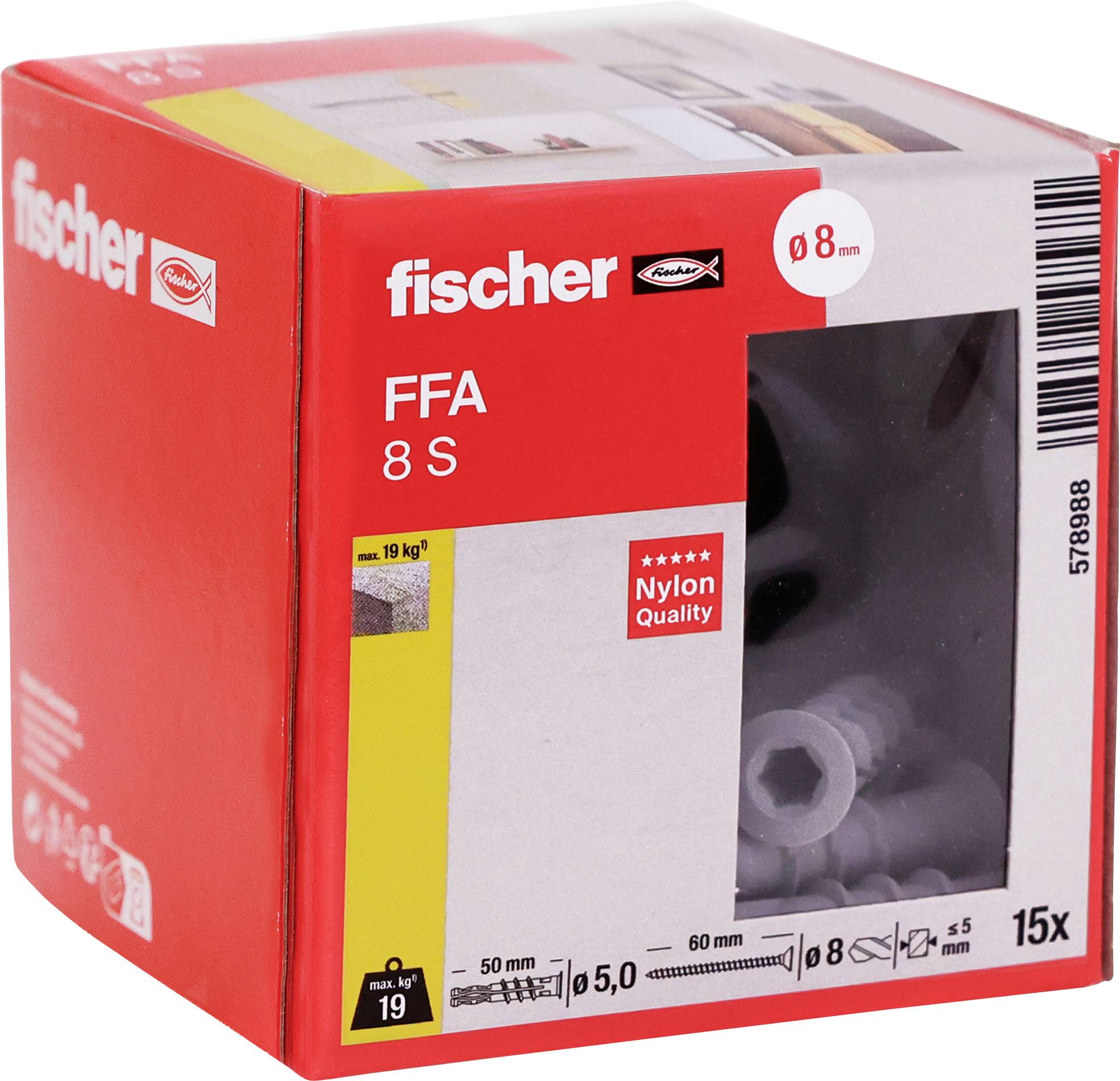 Rote Fischer FFA 8 S Nylonankerdose mit durchsichtigem Fenster, das weiße Wanddübel zeigt, beschriftet mit 8 mm und 15x.