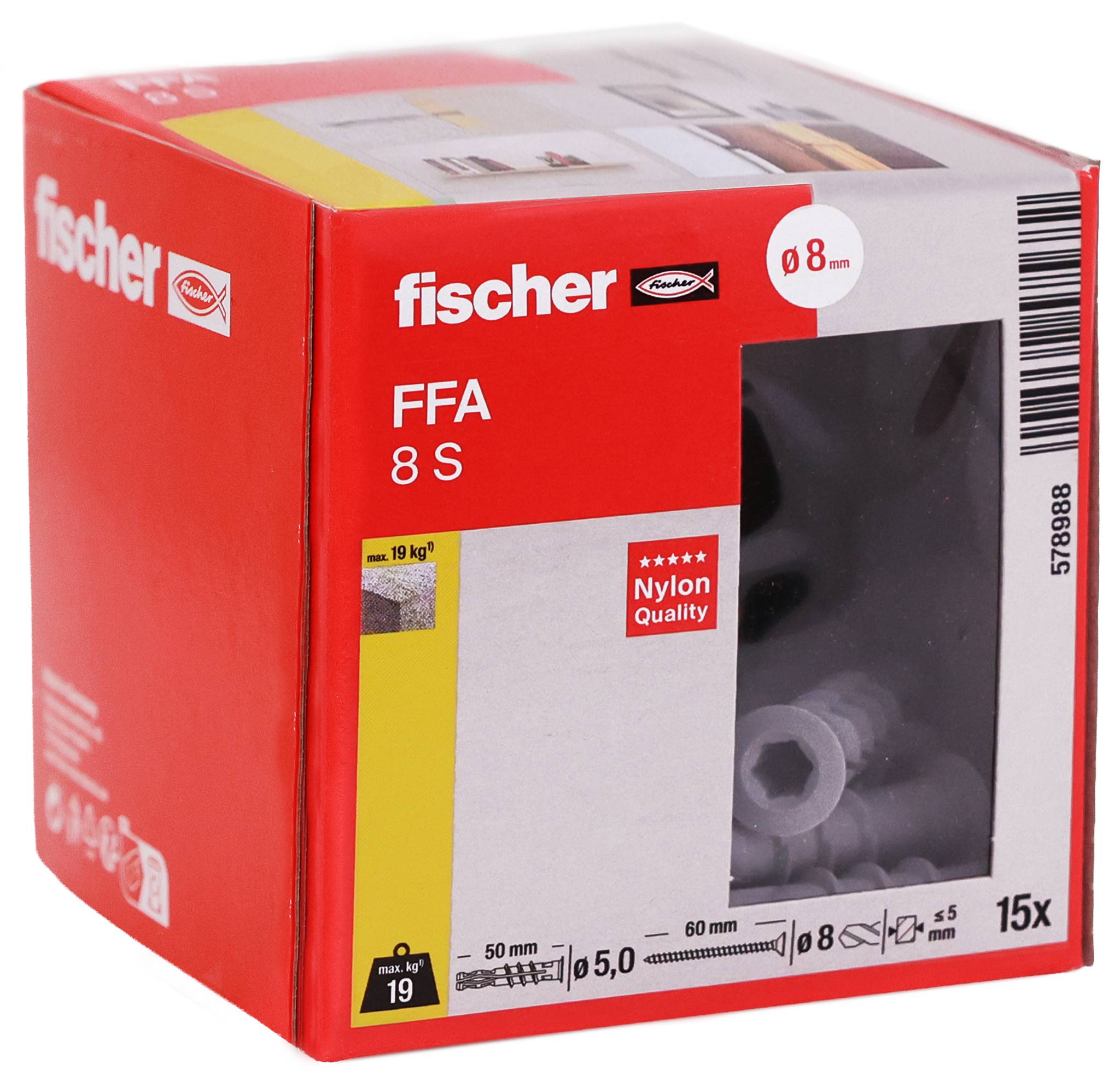Fischer FFA 8 S Nylon-Wanddübel-Box mit 15 Stück sichtbar durch das Vorderfenster.