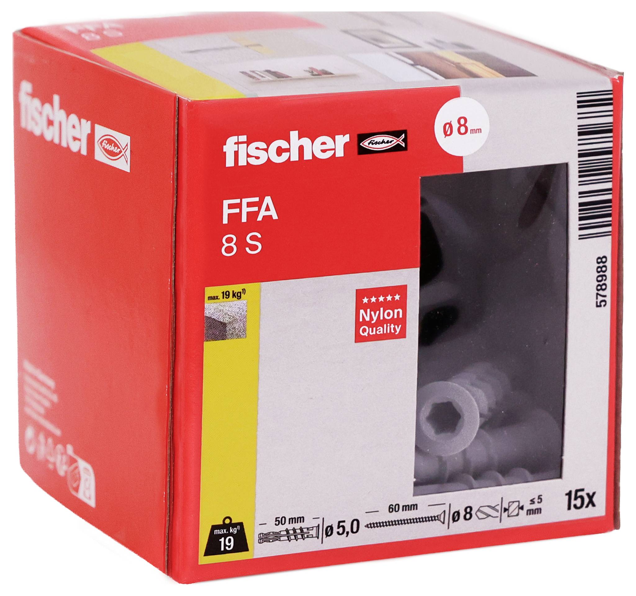 Red Fischer FFA 8 S Nylon-Ankerbox mit klarem Fenster, beschriftet für 8 mm Anker, 15 Stück, max. 19 kg.