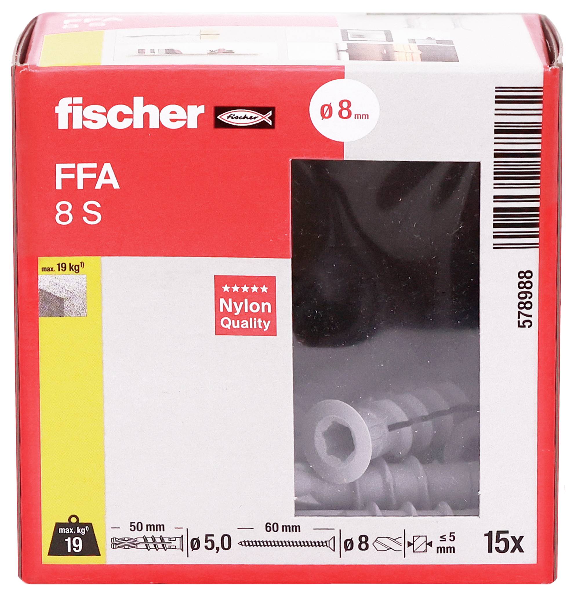 Packung Fischer FFA 8 S Nylonmöbel, Ø8 mm, 15 Stück, mit Belastungs- und Größenmarkierungen auf der Verpackung.