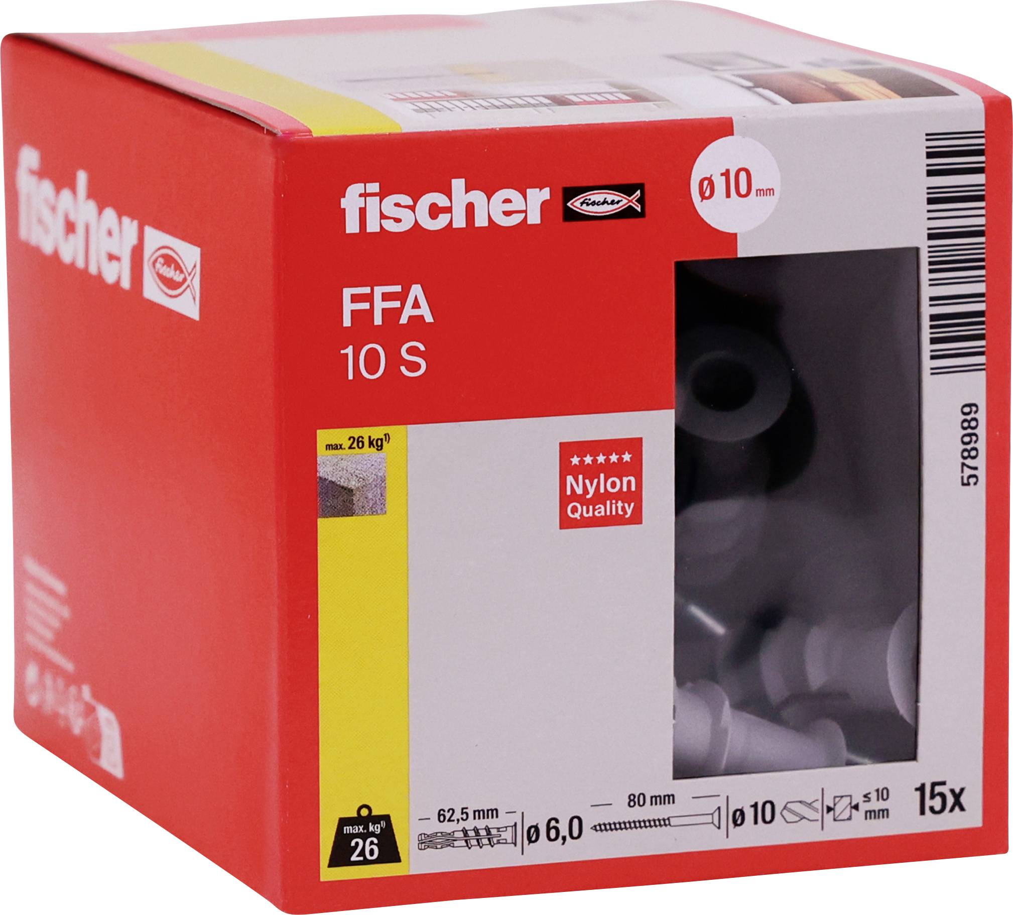 Rote Fischer FFA 10 S Nylon-Wanddübel-Box, beschriftet mit „Ø10 mm