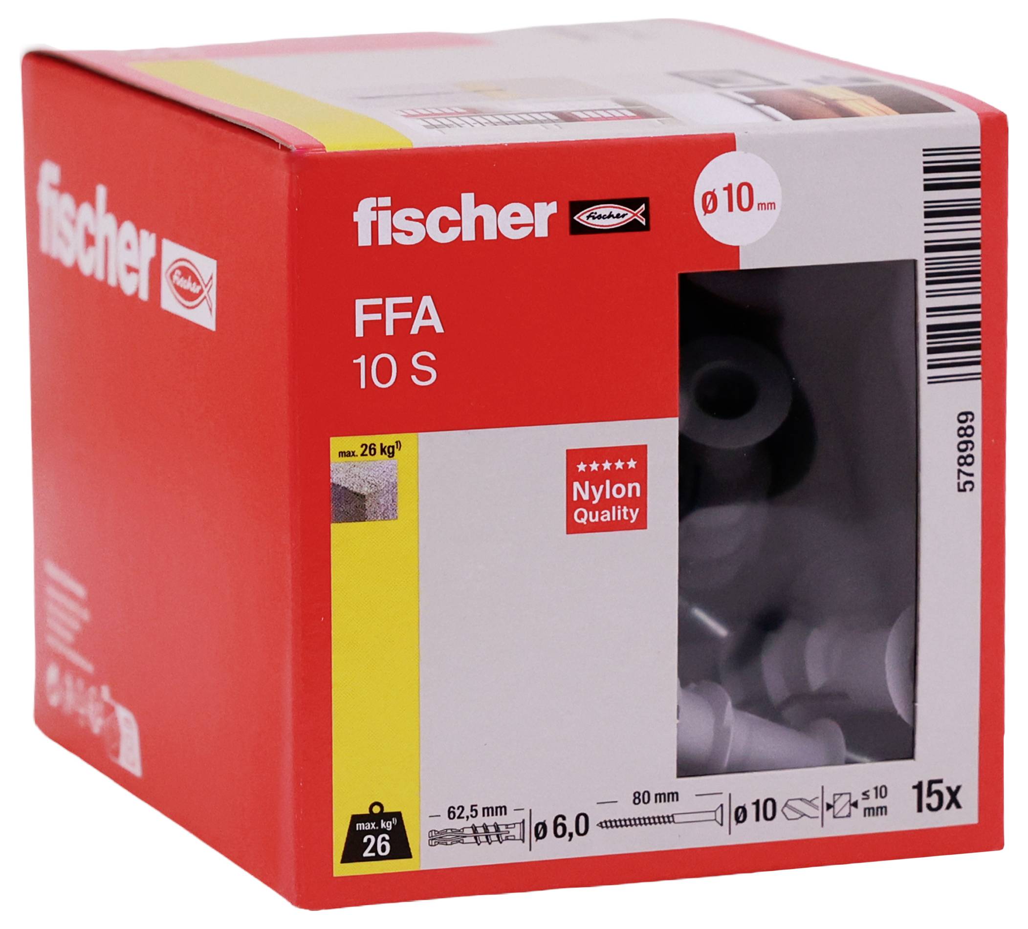 Rotafischer FFA 10 S Nylonankerdübel-Box, beschriftet für 10 mm und 15 Stück, mit Produktfoto-Fenster.