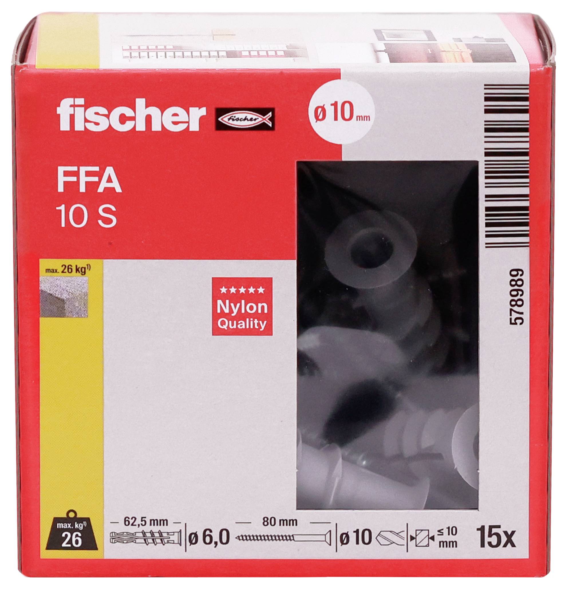 Verpackung für Fischer FFA 10 S Wanddübel, mit 15 grauen Nylondübeln, 10 mm Durchmesser, maximale Tragfähigkeit 26 kg