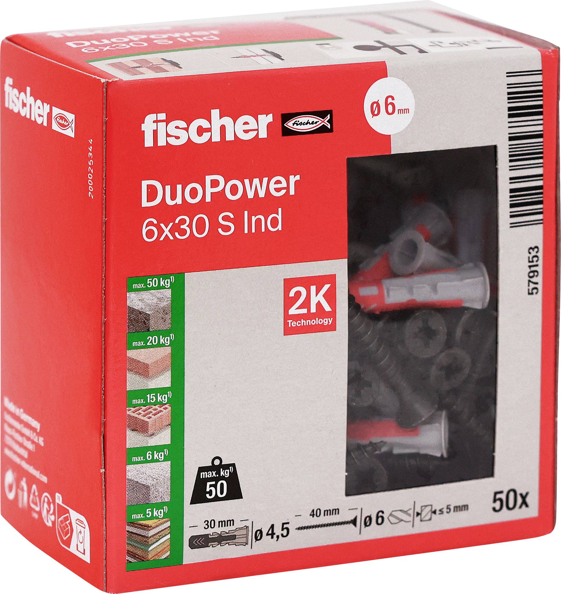 Packung fischer DuoPower 6x30 S Dübel, zeigt eine 50er-Packung mit 6 mm Bohrer und 2K-Technologie.