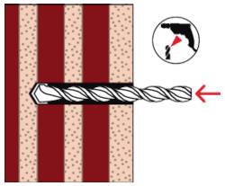 Illustration eines Bohrers, der durch eine schichtige Wand oder ein Brett schneidet, mit einem roten Pfeil, der die Bohrrichtung zeigt, und einem kleinen Symbol, das den korrekten Bohrwinkel oder die ordnungsgemäße Verwendung anzeigt.