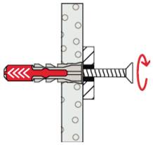Diagramm einer Wandverankerungsschraube, die im Uhrzeigersinn in eine Hohlwand gedreht wird, wobei die Ausdehnung gezeigt wird, während die Befestigung in der Wand greift.