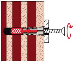 Diagramm einer Wanddübel-Schraube, die in geschichtetes Material eingedreht wird, wobei die Ausdehnung in der Wand und ein Uhrzeigersinn-Drehpfeil gezeigt werden.