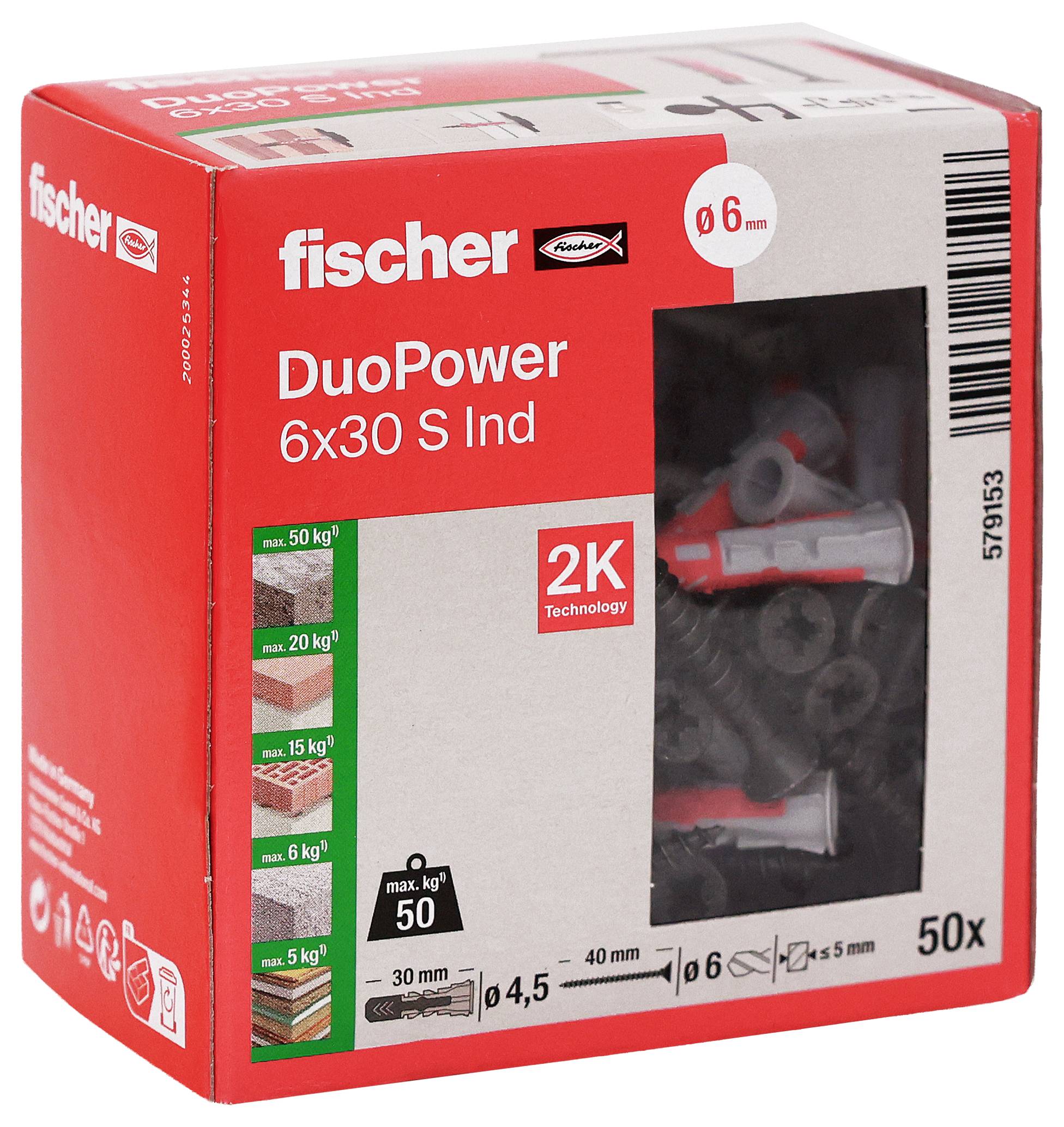 Karton mit Fischer DuoPower 6x30 S Wandankern, mit der Beschriftung '50x' und '50 kg', mit einem Fenster, das die rot-grauen Dübel im Inneren zeigt.