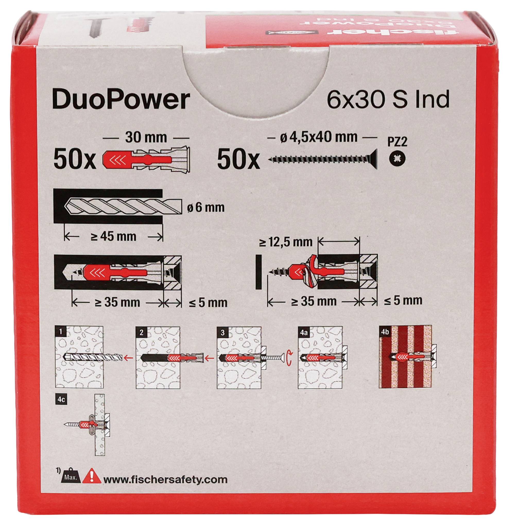 # DuoPower 6x30 S Ind Wanddübel-Box mit Installationsdiagrammen, Bohrgrößen, Schraubendimensionen und Gebrauchsanleitung.