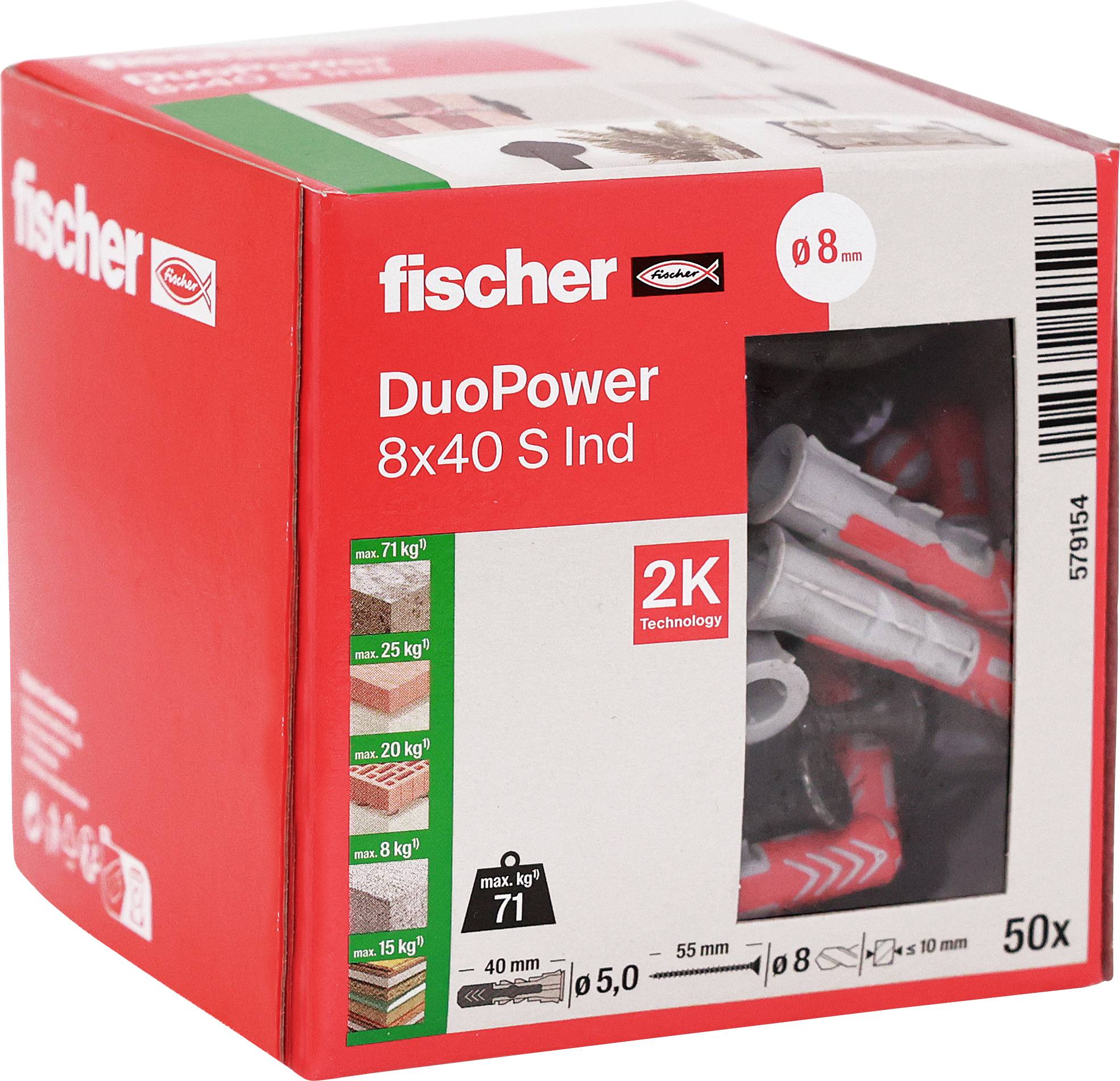 Packung fischer DuoPower 8x40 S Ind Wanddübel, 50 Stück, mit 8 mm Bohrer und auf der Packung angegebenen Tragfähigkeitswerten.