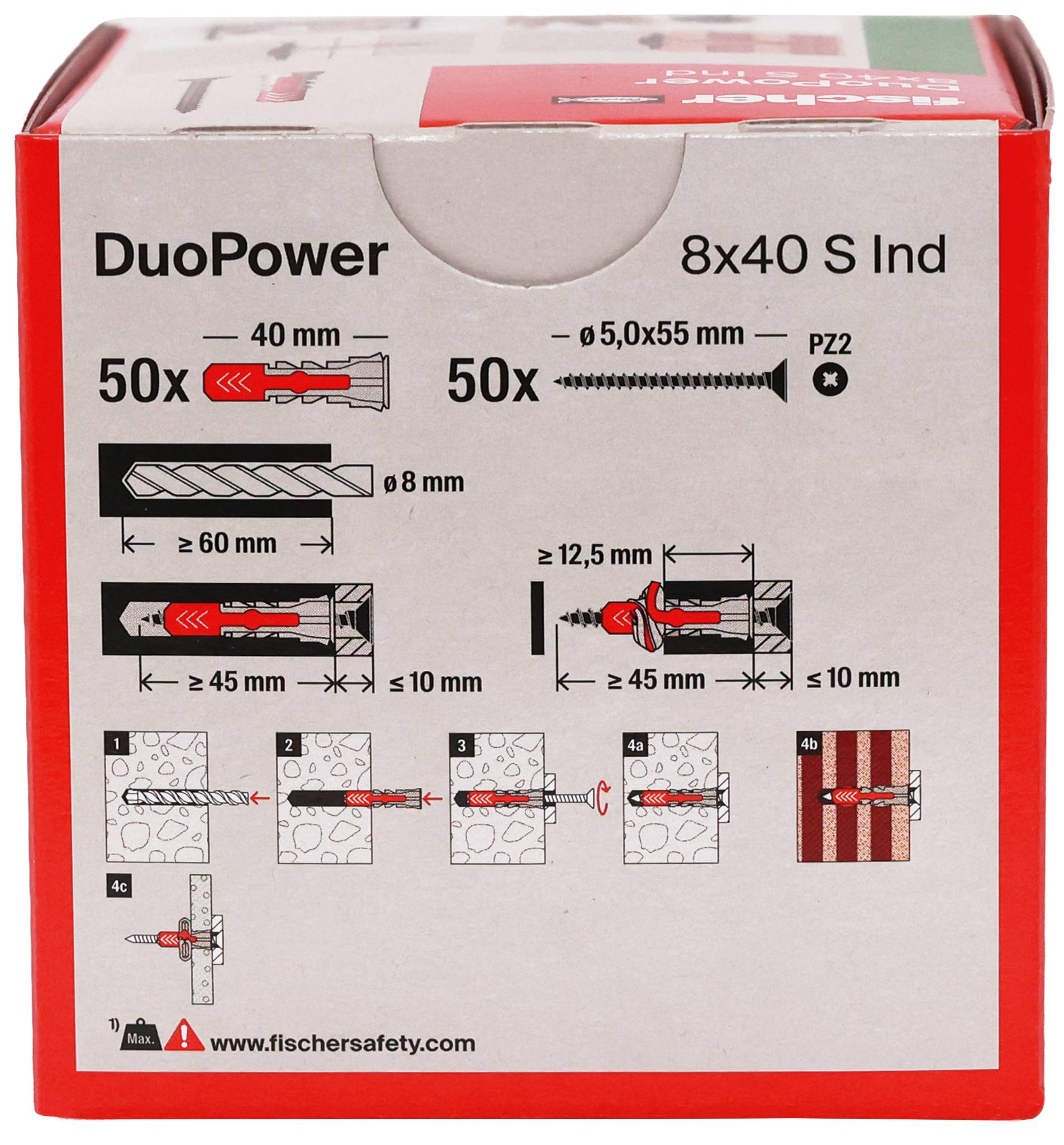 Verpackungsbox mit der Bezeichnung „DuoPower 8x40 S Ind" mit Installationsanweisungen für Schrauben und Dübel sowie Größen- und Bohrtiefendiagrammen.