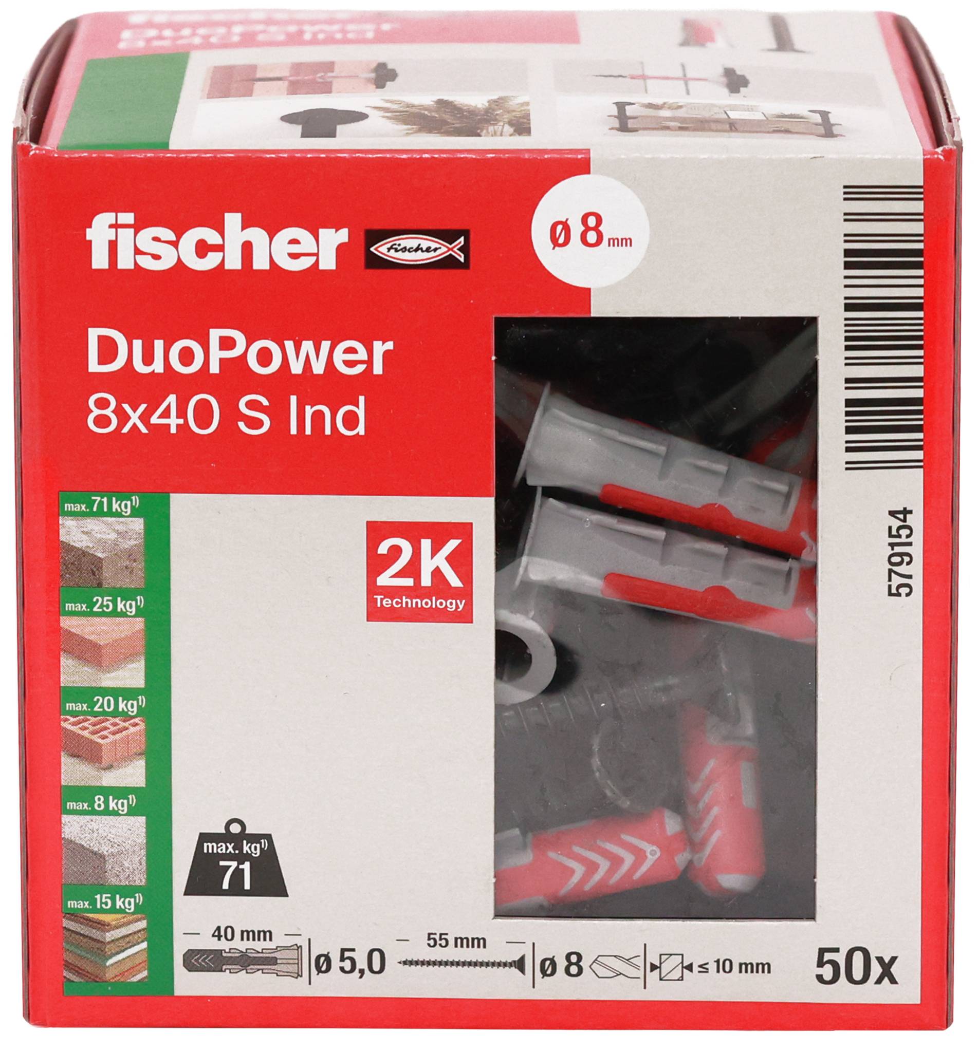 Karton mit fischer DuoPower 8x40 S Wanddübel, 50 Stück, mit 8 mm Bohrungsgröße und Tragfähigkeitswerten auf der Vorderseite.