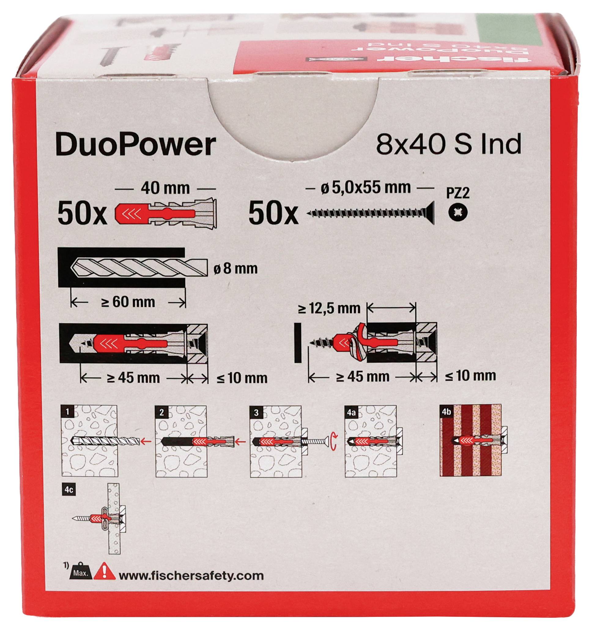 DuoPower Wanddübel-Verpackung mit 50x 40 mm Dübeln und 50x 5,0x55 mm Schrauben mit Installationsdiagrammen und Bohrtiefen.