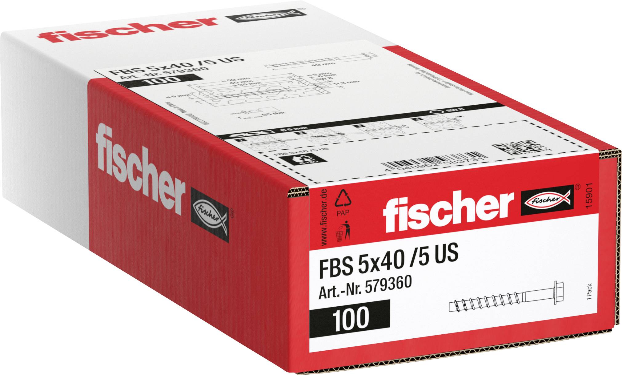Rote und weiße Fischer-Box mit 100 FBS 5x40/5 US-Befestigungselementen, mit Produktcode 579360 und Abbildung der Ankerschraube.