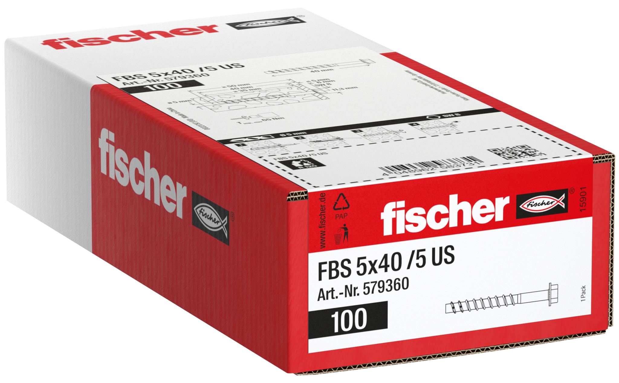 Produktkarton der Fischer FBS 5x40/5 US-Befestigungselemente, rot-weiße Verpackung mit der Aufschrift „100