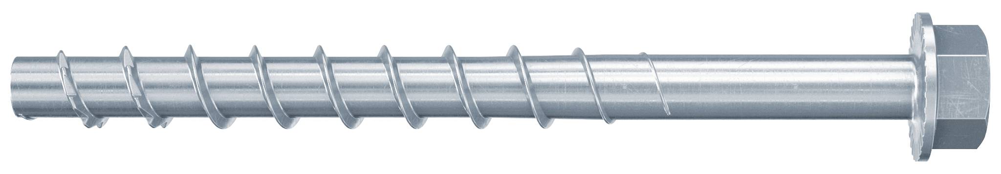 Metallbolzen mit Sechskantmutter und Unterlegscheibe, horizontal auf weißem Hintergrund dargestellt.