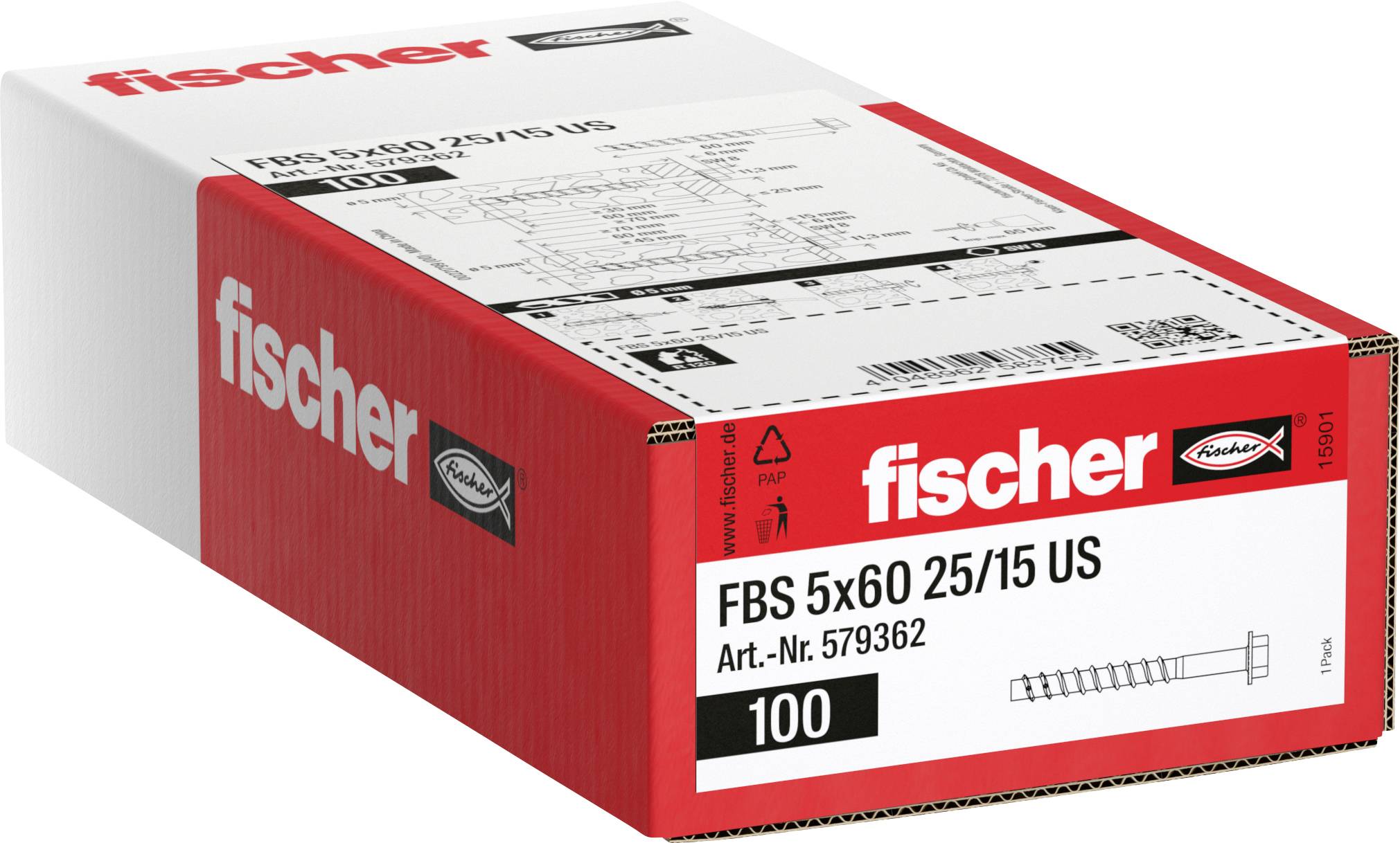 Rot-weiße Fischer-Verpackung mit FBS 5x60 Schrauben, mit Kennzeichnung „FBS 5x60 25/15 US