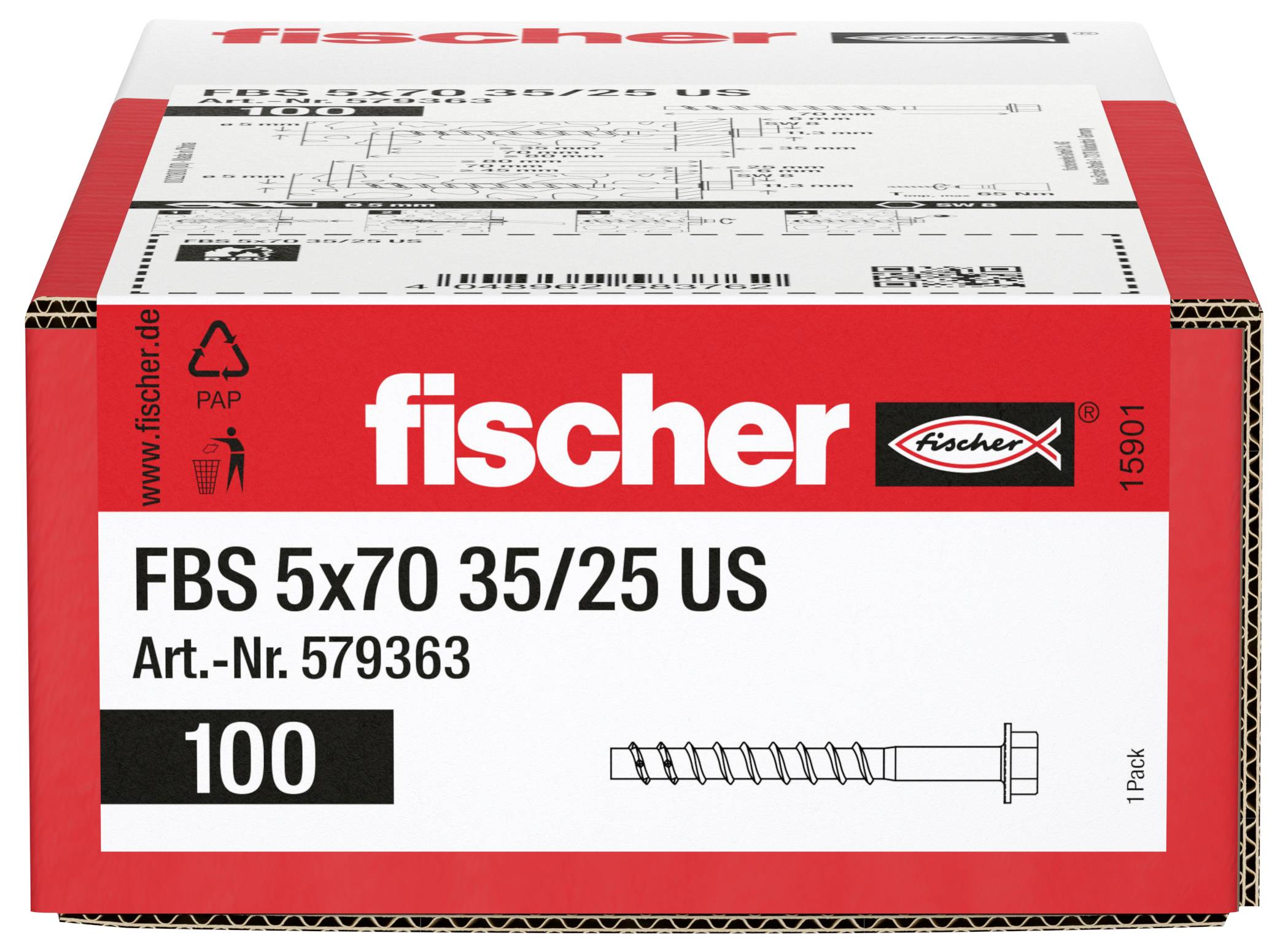 Karton mit Fischer FBS 5x70 35/25 US Schrauben, Art.-Nr. 579363, Menge 100, mit Produktabbildung und roter Verpackung.