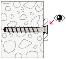 Diagramm einer in einer Wand verankerten Schraube, mit einem roten Pfeil, der den Wanddübel oder die Verankerung hinter dem Schraubenkopf anzeigt.