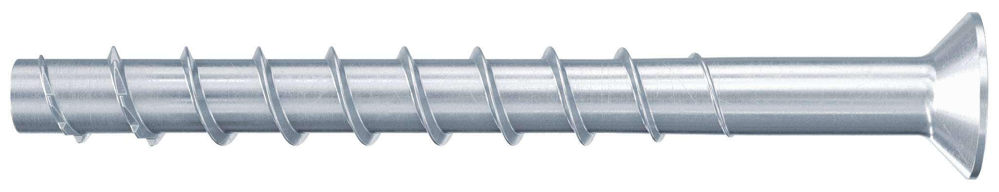 Metallschraube oder Stockschraube mit breitem flachem Kopf, horizontal auf weißem Hintergrund dargestellt.