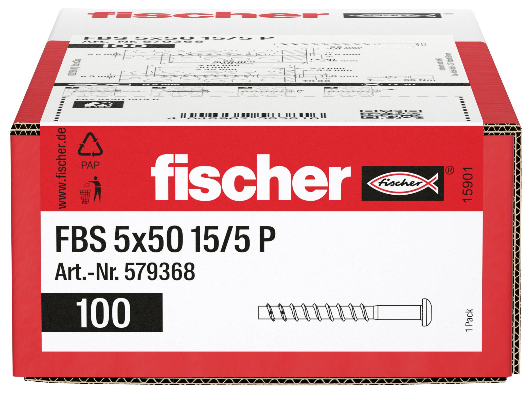 Karton Fischer FBS 5x50 15/5 P Schrauben, Art.-Nr. 579368, 100er Packung, gezeigt als Produktverpackung.