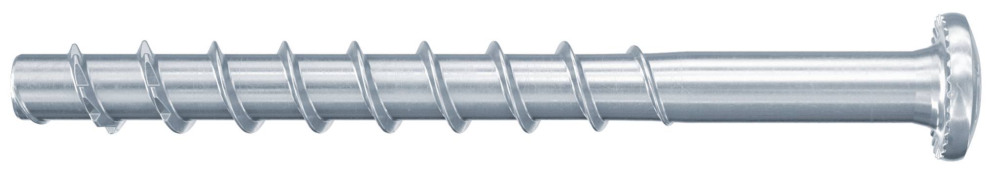 Eine silberne Metallschraube mit flachem Kopf, horizontal auf weißem Hintergrund dargestellt.