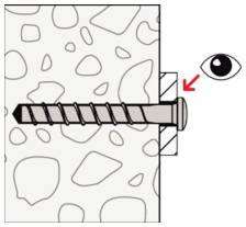 Diagramm eines Schraubankers in einer Wand, mit einem Pfeil, der auf den vorstehenden Kopf zeigt, und einem Augensymbol, das einen Inspektions- oder Betrachtungspunkt anzeigt
