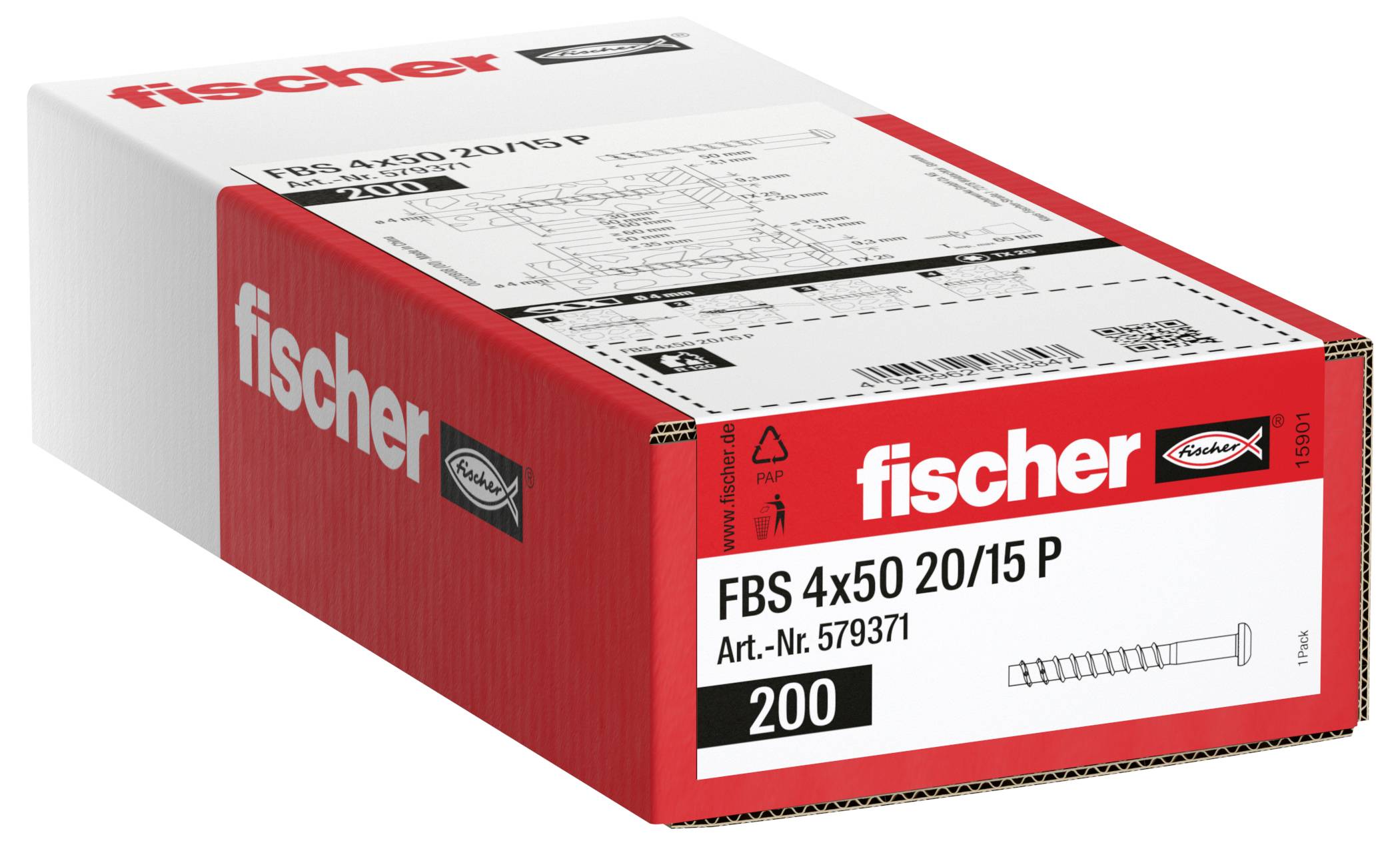 Karton Fischer FBS 4x50 Ankerbolzen, 200er-Packung, gezeigt in Produktverpackung mit roten und weißen Etiketten.