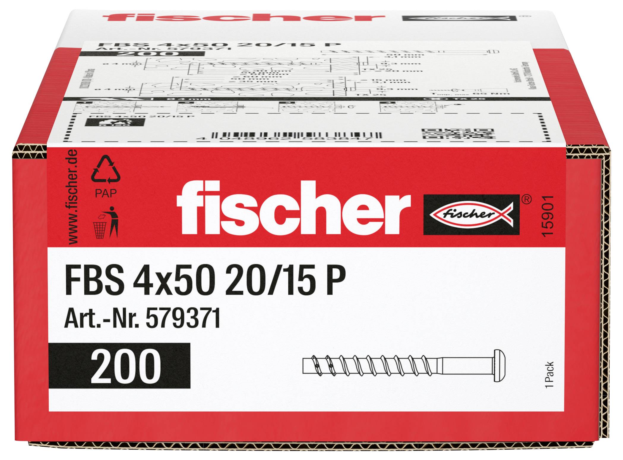 Rote Fischer Box mit FBS 4x50 20/15 P Ankern, Art.-Nr. 579371, Packung à 200, mit Produktabbildung und Markenschriftzug.