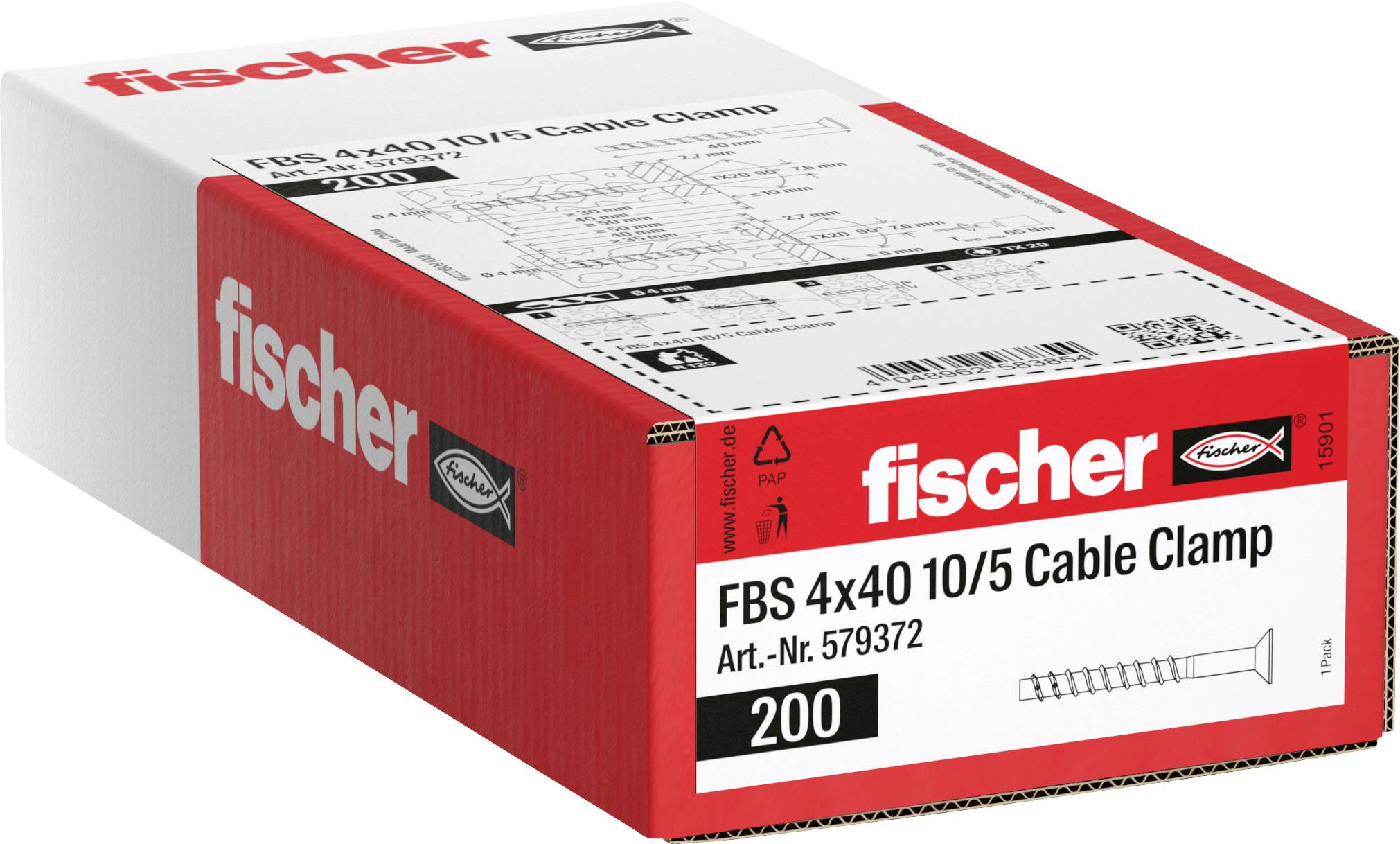 Produktkarton für fischer FBS 4x40 10/5 Kabelklemme, 200er-Pack und Artikelnummer 579372.