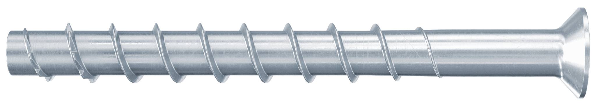 Ein silberner Metallschraubendreher oder Spiralbohrer mit geriffeltem spiralförmigem Schaft und spitzer Spitze, horizontal auf weißem Hintergrund abgebildet.