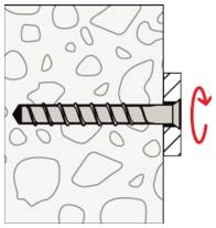 Diagramm einer Schraube, die in eine Wand oder einen Betonblock verankert ist, mit einem roten gekrümmten Pfeil, der anzeigt, dass sie im Uhrzeigersinn gedreht werden sollte, um sie zu befestigen oder zu entfernen.
