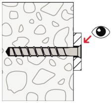 Diagramm einer in einer Steinwand befestigten Schraubanker, mit einem roten Pfeil, der den Wanddübel auf der rechten Seite hervorhebt.