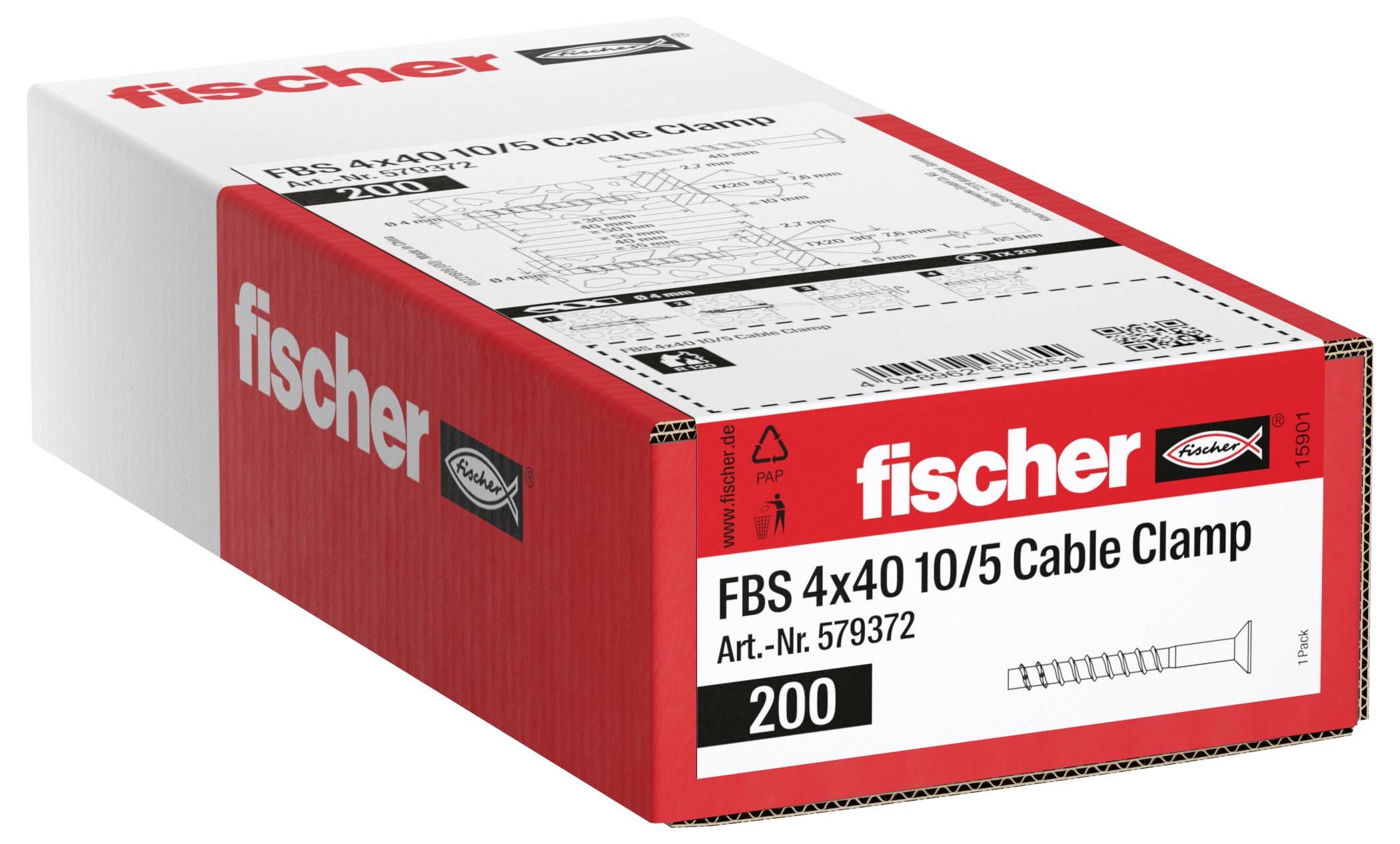 Karton mit fischer FBS 4x40 10/5 Kabelschellen, gekennzeichnet mit Art.-Nr. 579372, Menge 200.
