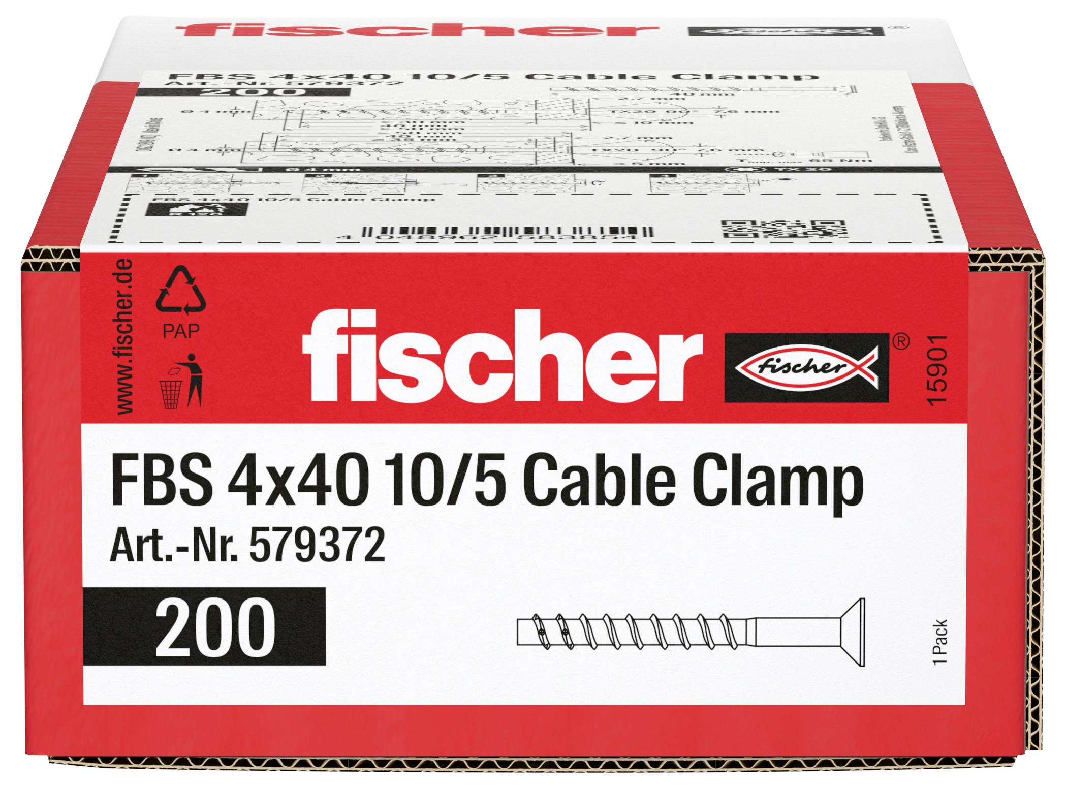Fischer FBS 4x40 Kabelschellenkiste, gekennzeichnet mit Art.-Nr. 579372 und Packung mit 200 Stück.