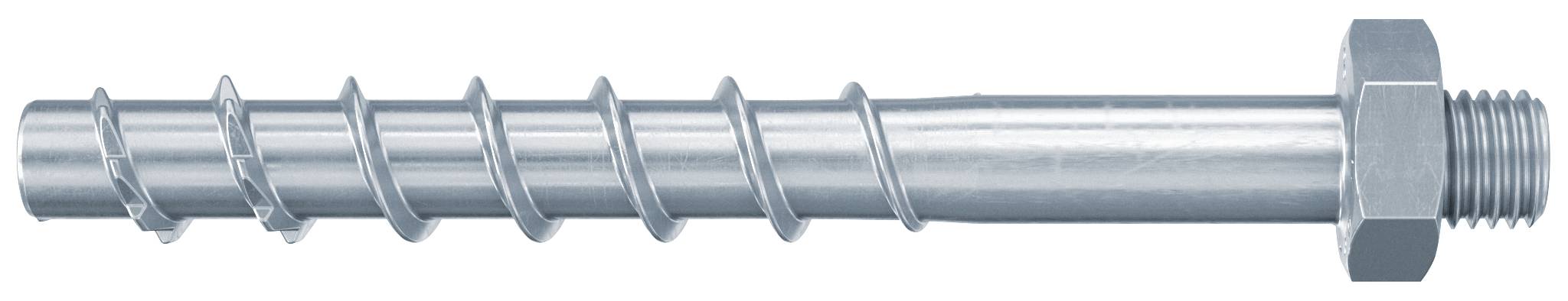 Eine Metallschraube mit Gewinde mit einer Sechskantmutter auf der rechten Seite.
