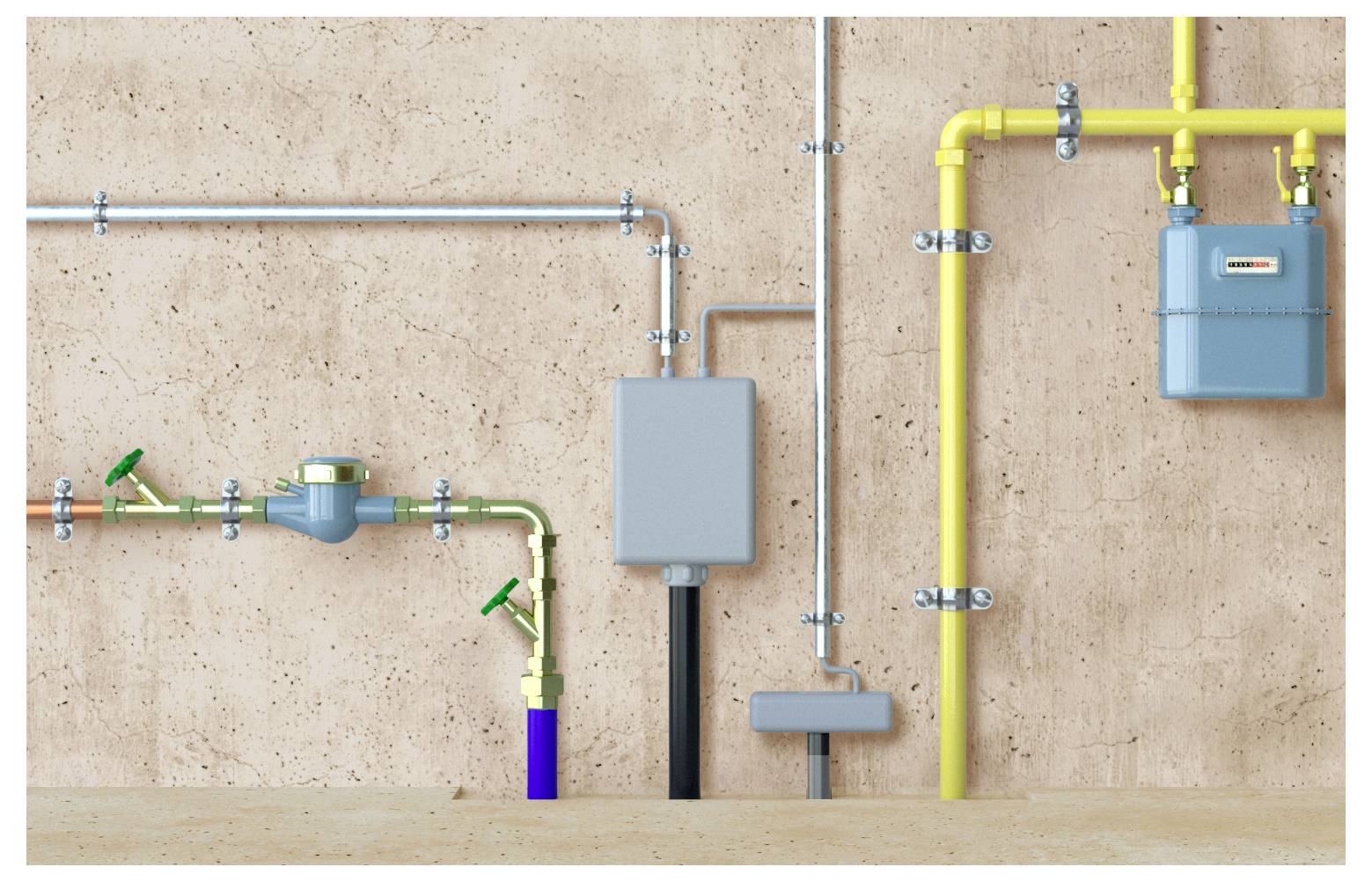 Diagramm von Gebäudeversorguungsleitungen: gelbe Gasleitung zum Zählkasten, grüne Wasserleitung mit Ventil und grauer Elektroschutzrohr an einer Wand.