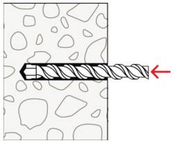 Illustration eines Gewindeankers, der in eine Betonwand eingesetzt ist, mit einem roten Pfeil, der auf das hervorstehende Ende zeigt.