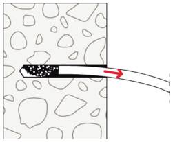 Diagramm einer in ein poröses Material eingeführten Sonde mit einem roten Pfeil, der den Fluss oder die Bewegung nach rechts anzeigt.
