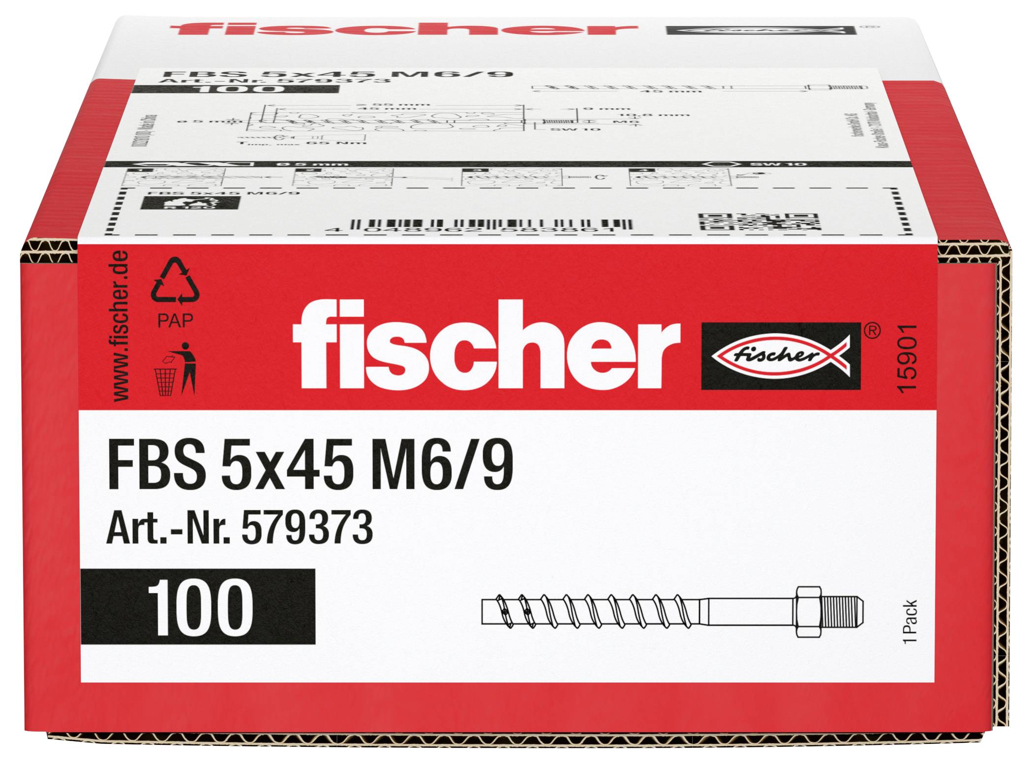Packung mit fischer FBS 5x45 M6/9 Schrauben, 100er-Pack, mit Produktnummer 579373 auf dem Etikett.
