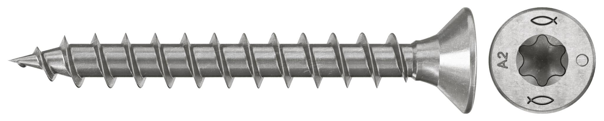 Metallschraube mit Senkkopf, daneben eine Nahaufnahme ihrer Torx-Antriebsnut und Größenmarkierungen.