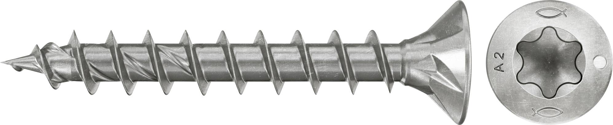Metallschraube mit Torx-Kopf dargestellt in Seitenansicht und Draufsicht, mit Hervorhebung des sternförmigen Antriebs und des Senkkopp.