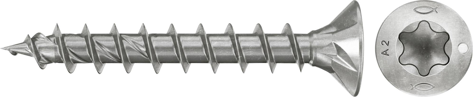 Silberne Torx-Schraube gezeigt in Seiten- und Draufsicht, mit versenktem Kopf und sternförmigem Antrieb.