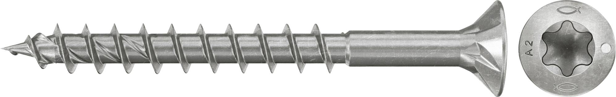Eine Metallschraube mit Senkkopf und Torx-Antrieb, dargestellt in Seitenansicht mit vergrößerter Draufsicht des Schraubenkopfes.