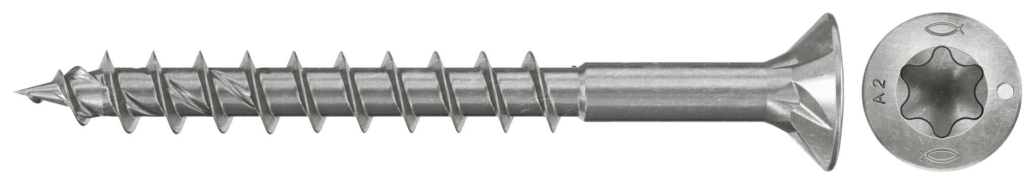 Zwei Metallschrauben, eine Seitenansicht und eine Draufsicht, zeigen eine versenkte Torx-Kopf-Holzschraube.