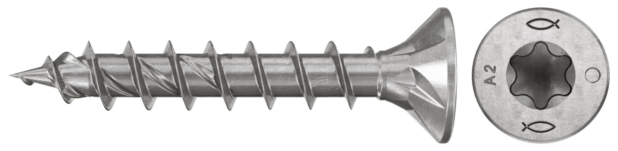 Nahaufnahme einer silbernen Schraube von der Seite und von oben gezeigt, mit sternförmigem Antriebskopf und flachem Senkkopf.