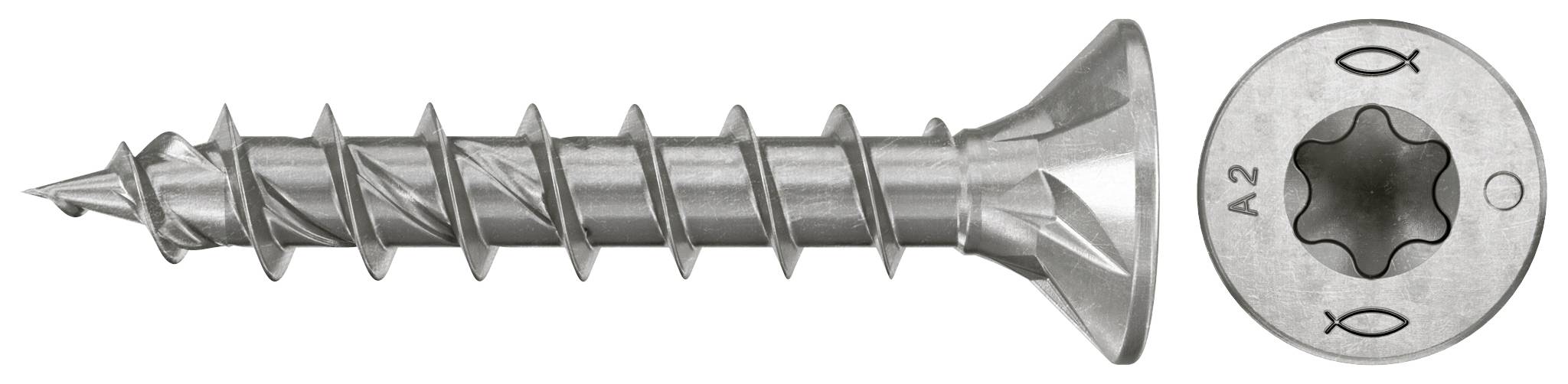 Metallschraube in der Seitenansicht mit Senkung und separater Draufsicht ihrer Torx-Antriebsvertiefung, bezeichnet als A2.