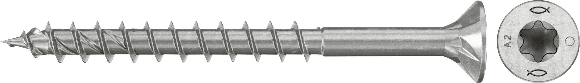 Silberschraube mit Senkkopf und Torx-Antrieb, Seitenansicht mit eingefügter Nahaufnahme der Kopfmarkierung.