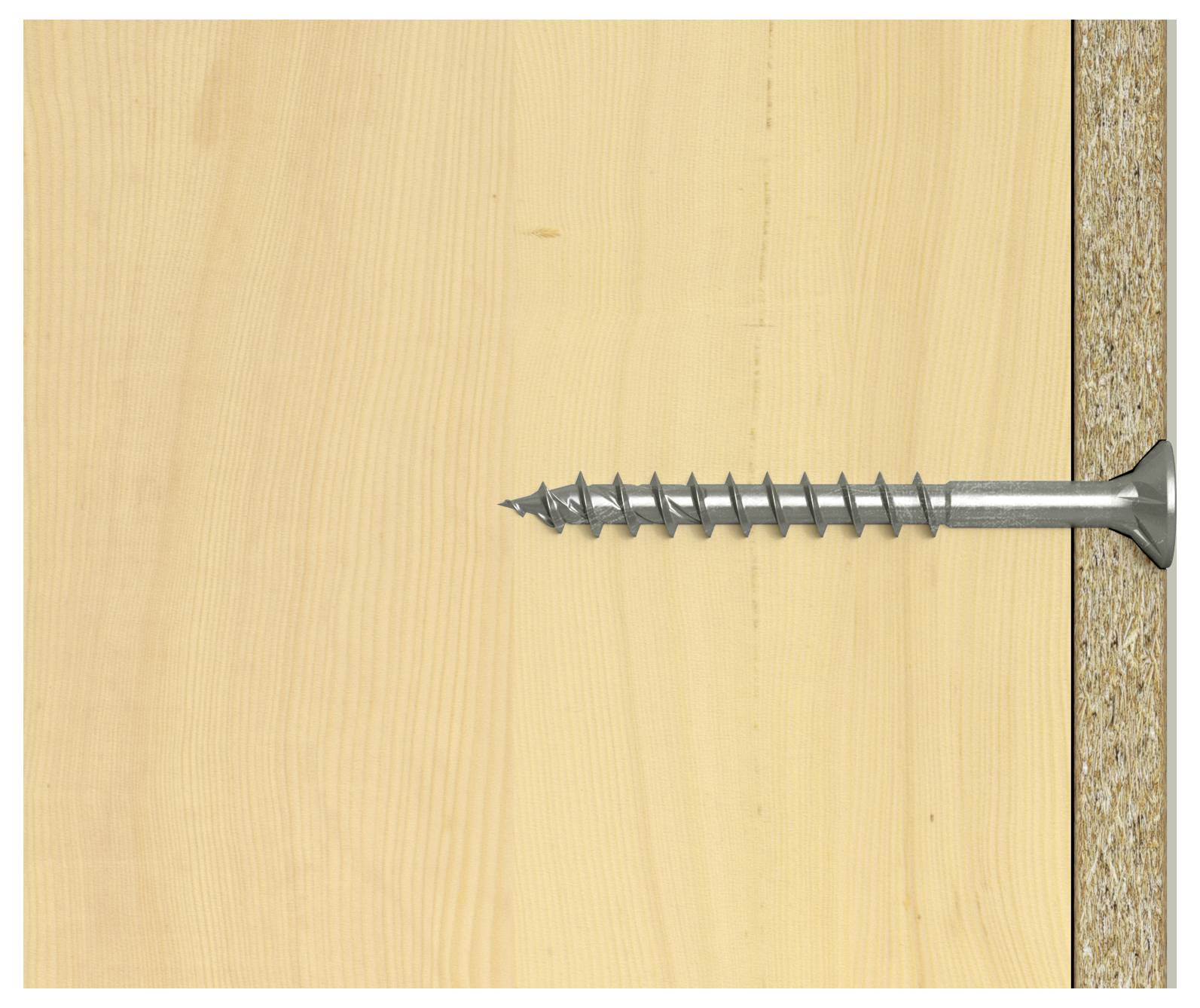 Nahaufnahme einer horizontal in ein Holzbrett getriebenen Schraube, wobei der Gewindeschaft von der rechten Kante herausragt.